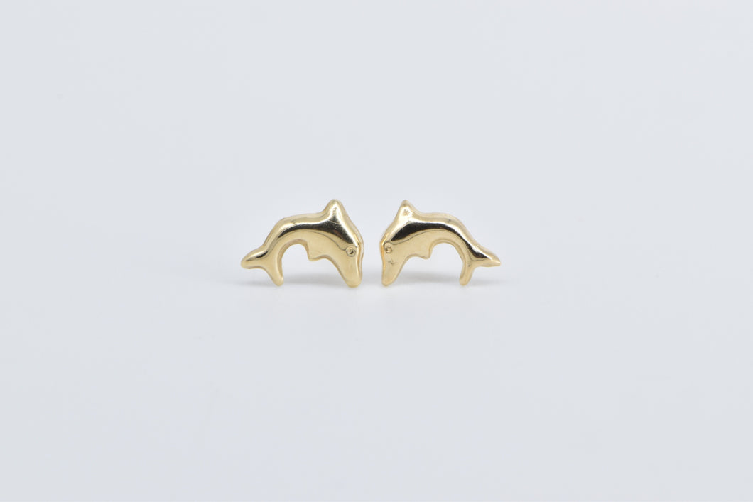 14K High Relief Jumping Dolphin Ocean Beach Stud Earrings Yellow Gold