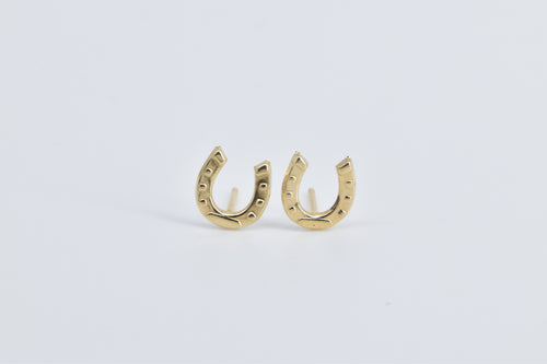 14K Horse Shoe Good Luck Lucky Stud Earrings Yellow Gold