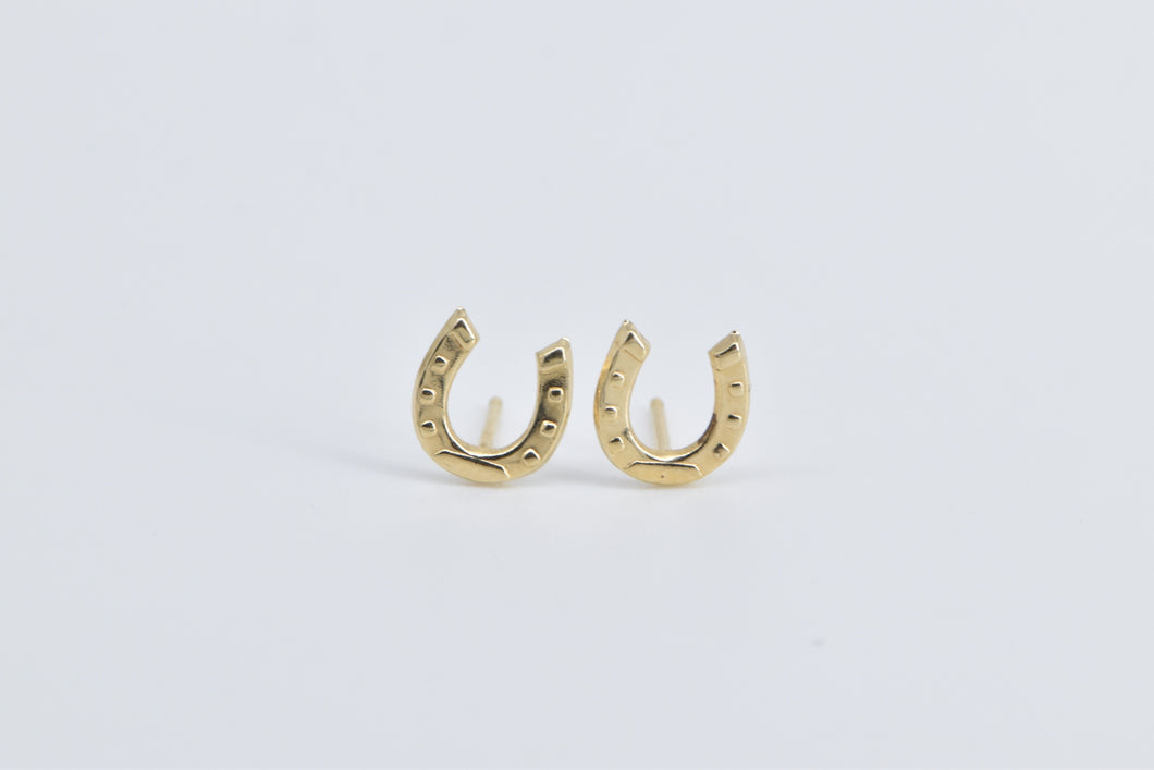 14K Horse Shoe Good Luck Lucky Stud Earrings Yellow Gold