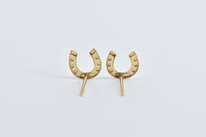 14K Horse Shoe Good Luck Lucky Stud Earrings Yellow Gold