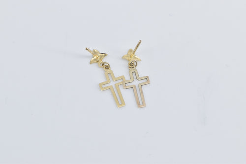 14K Cross Christian Faith Symbol Religious Dangle Earrings Yellow Gold