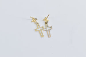 14K Cross Christian Faith Symbol Religious Dangle Earrings Yellow Gold