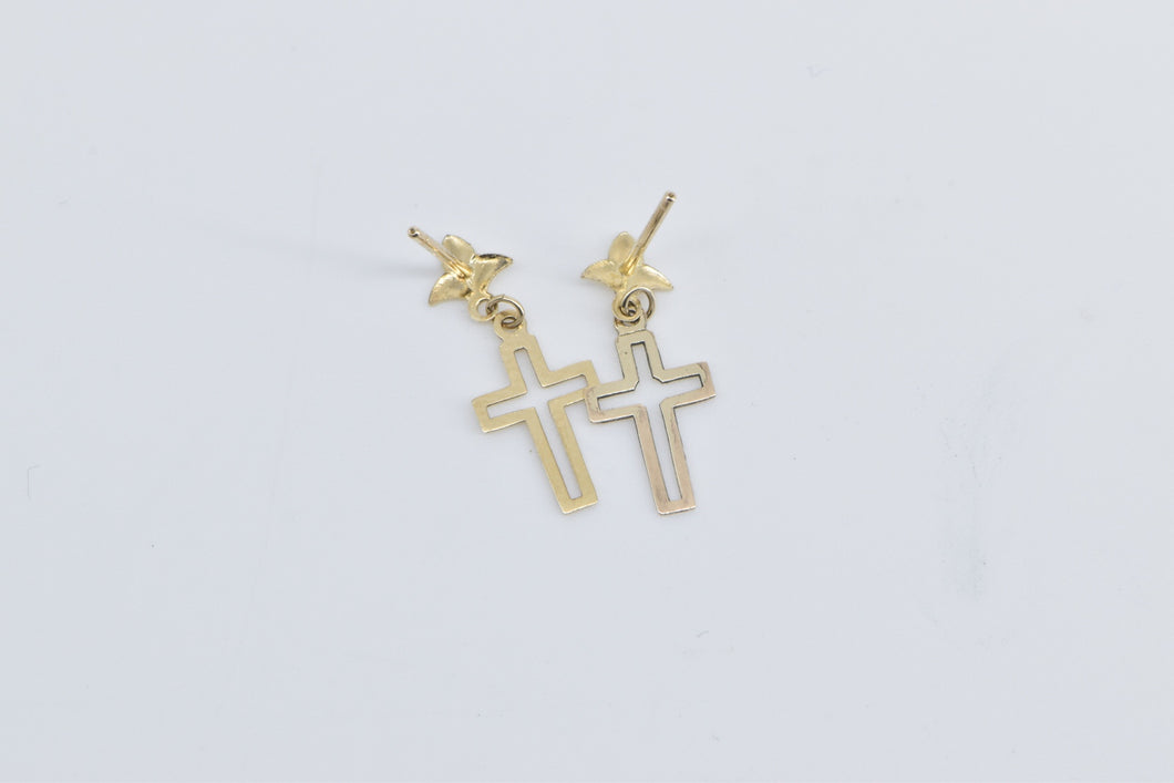 14K Cross Christian Faith Symbol Religious Dangle Earrings Yellow Gold