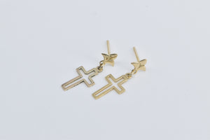 14K Cross Christian Faith Symbol Religious Dangle Earrings Yellow Gold