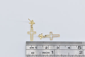 14K Cross Christian Faith Symbol Religious Dangle Earrings Yellow Gold