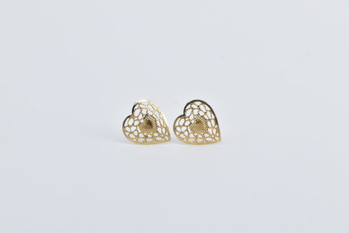 14K Filigree Heart Love Symbol Vintage Stud Earrings Yellow Gold