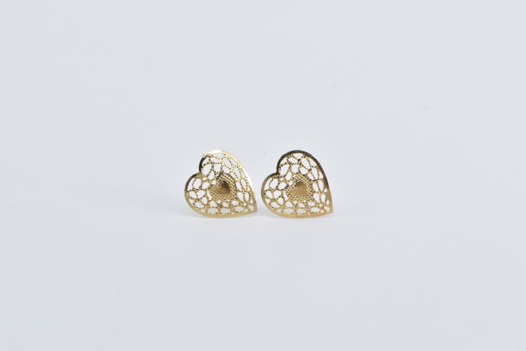 14K Filigree Heart Love Symbol Vintage Stud Earrings Yellow Gold