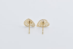 14K Filigree Heart Love Symbol Vintage Stud Earrings Yellow Gold