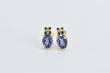 Load image into Gallery viewer, 14K Oval Iolite Flower Accent Vintage Stud Earrings Yellow Gold