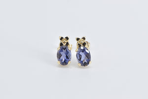 14K Oval Iolite Flower Accent Vintage Stud Earrings Yellow Gold