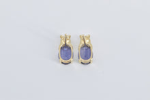 Load image into Gallery viewer, 14K Oval Iolite Flower Accent Vintage Stud Earrings Yellow Gold