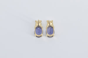 14K Oval Iolite Flower Accent Vintage Stud Earrings Yellow Gold