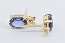 Load image into Gallery viewer, 14K Oval Iolite Flower Accent Vintage Stud Earrings Yellow Gold