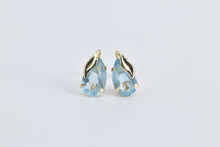 Load image into Gallery viewer, 14K Pear Blue Topaz Vintage Leaf Accent Stud Earrings Yellow Gold