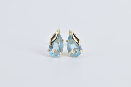 14K Pear Blue Topaz Vintage Leaf Accent Stud Earrings Yellow Gold