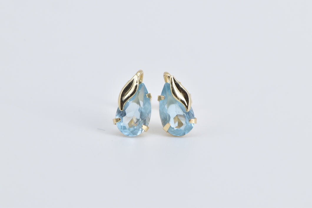 14K Pear Blue Topaz Vintage Leaf Accent Stud Earrings Yellow Gold