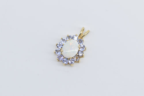 14K Oval Opal Tanzanite Halo Vintage Fashion Pendant Yellow Gold