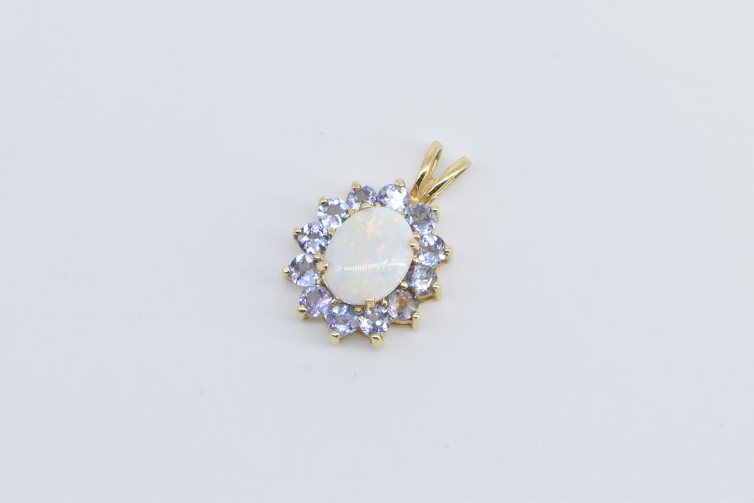 14K Oval Opal Tanzanite Halo Vintage Fashion Pendant Yellow Gold