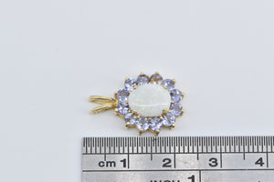 14K Oval Opal Tanzanite Halo Vintage Fashion Pendant Yellow Gold