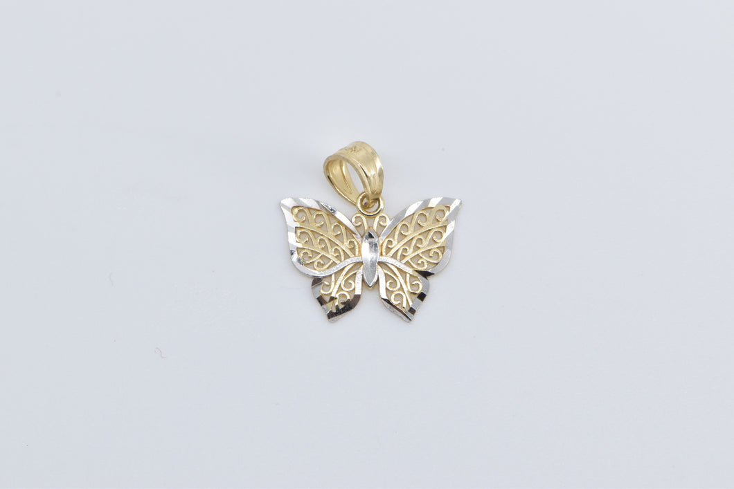 14K Two Tone Filigree Butterfly Change Beauty Pendant Yellow Gold