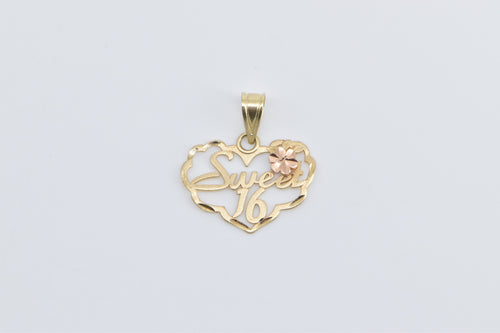 14K Sweet 16 Sixteen Flower Rose Heart Love Pendant Yellow Gold