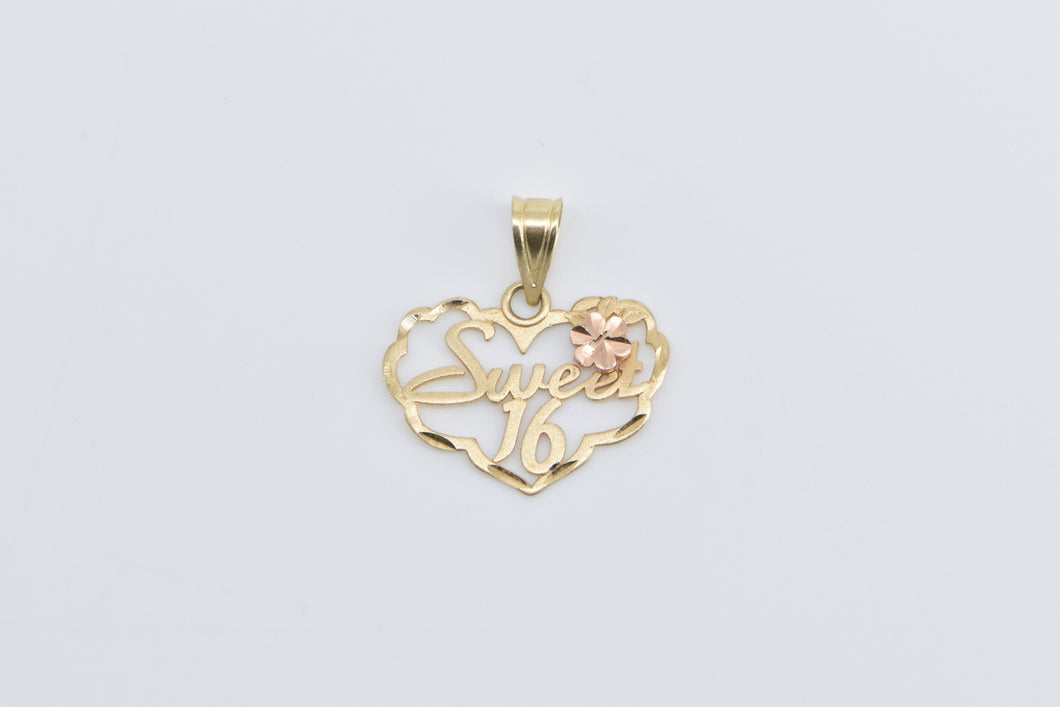 14K Sweet 16 Sixteen Flower Rose Heart Love Pendant Yellow Gold