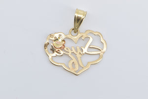 14K Sweet 16 Sixteen Flower Rose Heart Love Pendant Yellow Gold