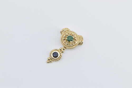 14K Ornate Emerald Sapphire Ornate Drop Slide Pendant Yellow Gold