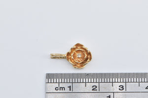 14K Diamond Rose Flower Lotus Ornate Floral Pendant Yellow Gold