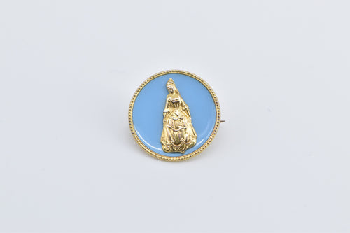 14K Ornate Victorian Lady Enamel Round Pin/Brooch Yellow Gold