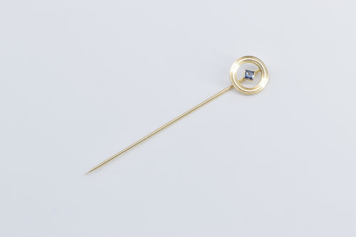 14K Princess Sapphire Round Circle Stick Pin Yellow Gold