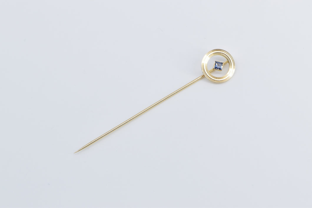 14K Princess Sapphire Round Circle Stick Pin Yellow Gold