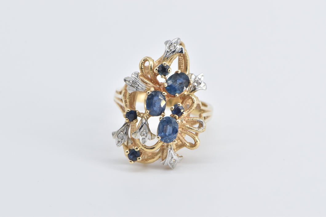 14K Sapphire Diamond Vintage Fashion Cluster Ring Yellow Gold