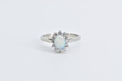 14K Oval Natural Opal Diamond Halo Statement Ring White Gold