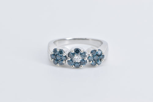 14K Blue & White Diamond Flower Cluster Statement Ring White Gold