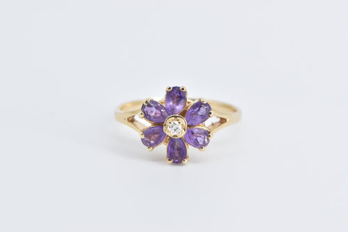 14K Amethyst Diamond Flower Cluster Statement Ring Yellow Gold