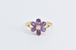 14K Amethyst Diamond Flower Cluster Statement Ring Yellow Gold