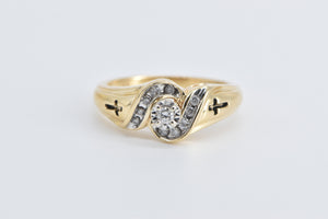 14K Diamond Swirl Cross Inscribed Vintage Promise Ring Yellow Gold