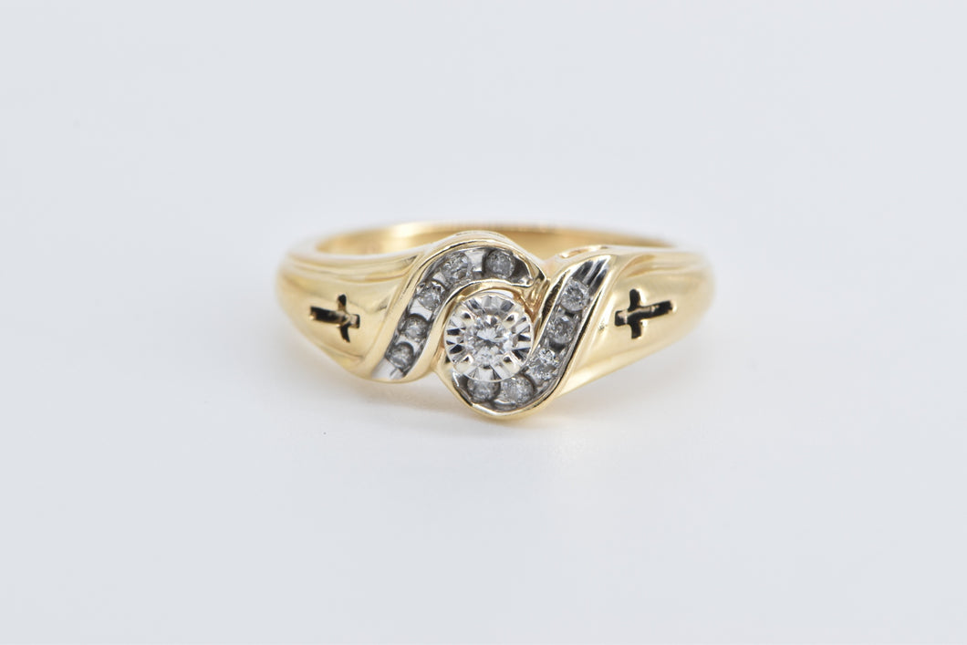 14K Diamond Swirl Cross Inscribed Vintage Promise Ring Yellow Gold