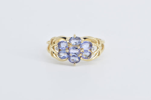 14K Vintage Oval Tanzanite Diamond Accent Cluster Ring Yellow Gold