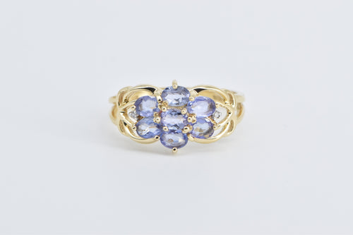 14K Vintage Oval Tanzanite Diamond Accent Cluster Ring Yellow Gold