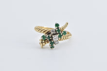 Load image into Gallery viewer, 14K 1960&#39;s Emerald Diamond Cluster Bypass Ring Yellow Gold