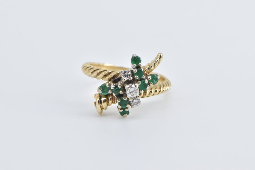 14K 1960's Emerald Diamond Cluster Bypass Ring Yellow Gold