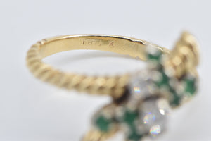 14K 1960's Emerald Diamond Cluster Bypass Ring Yellow Gold