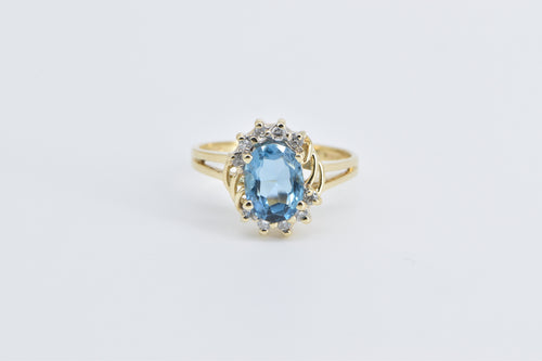 14K Oval Blue Topaz Diamond Accent Statement Ring Yellow Gold