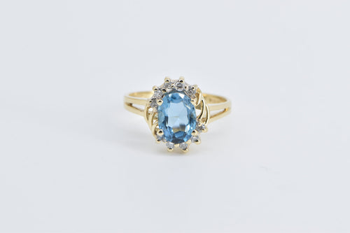 14K Oval Blue Topaz Diamond Accent Statement Ring Yellow Gold