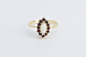 14K Marquise Opal Garnet Halo Vintage Statement Ring Yellow Gold