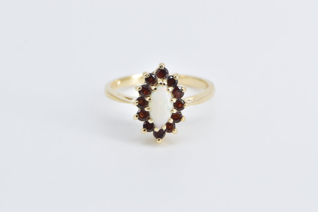 14K Marquise Opal Garnet Halo Vintage Statement Ring Yellow Gold