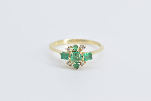 14K Ornate Emerald Diamond Vintage Fashion Ring Yellow Gold