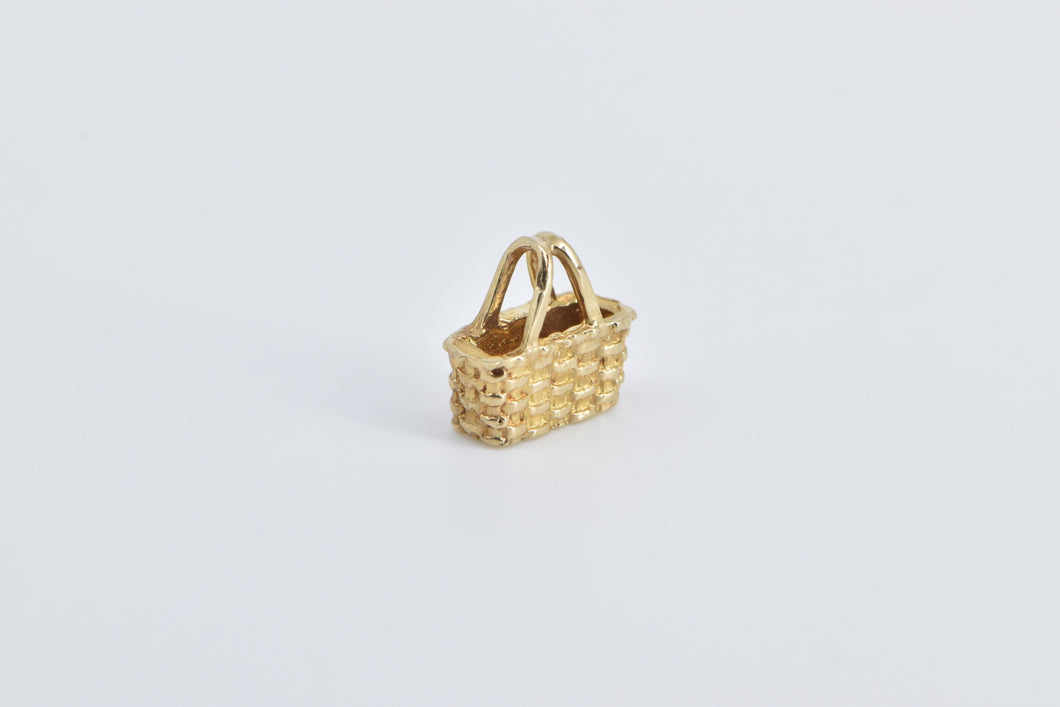 14K Vintage 3D Picnic Woven Design Basket Charm/Pendant Yellow Gold